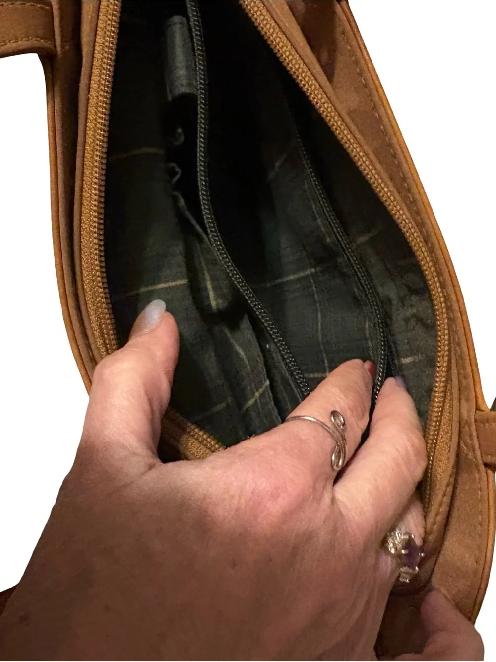 Cognac Leather Tote Bag with Front Zip Pocket